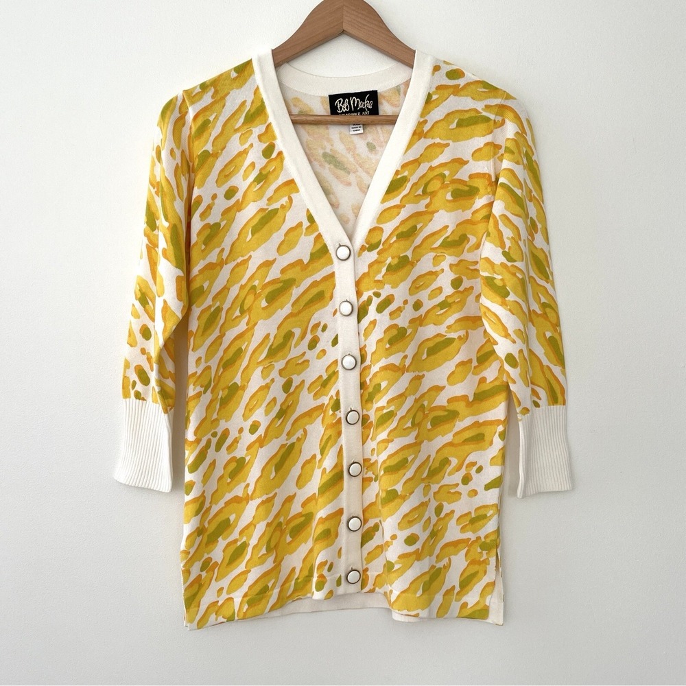 Bob Mackie Wearable Art Women's XXS Yellow Cotton Blend 3/4 Sleeve Cardigan Top
